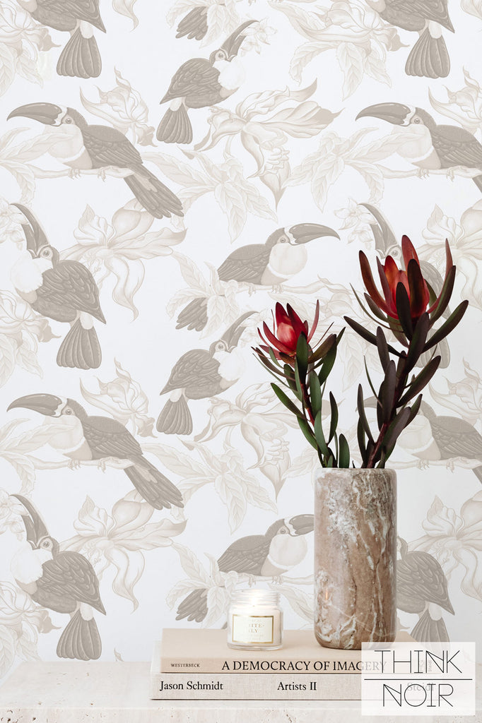 neutral color wallpaper with jungle bird motif 