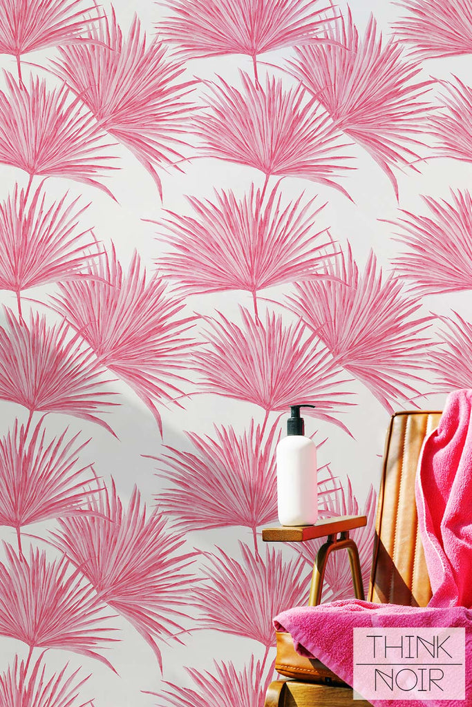 palm springs inspired wallpaper with pink tropical palm leaves