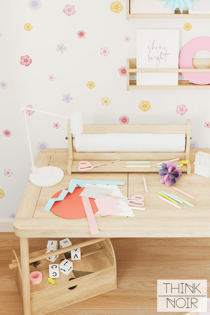 floral print wallpaper design in pastel colors for playroom accent wall