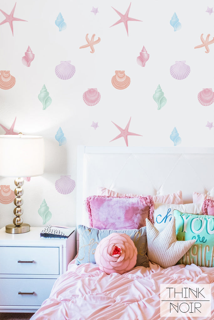 girls bedroom interior with seashell pattern in pastel colors