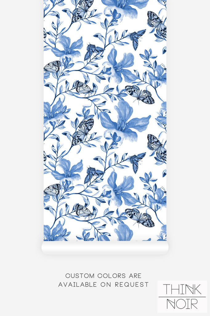 light blue floral print wallpaper with butterflies