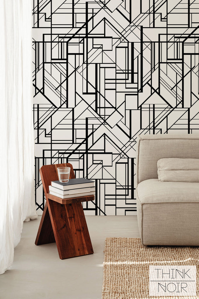art deco geometric shape wallpaper design in black and white