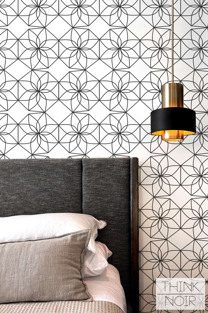 geometric floral print wallpaper for minimalistic bedroom interior