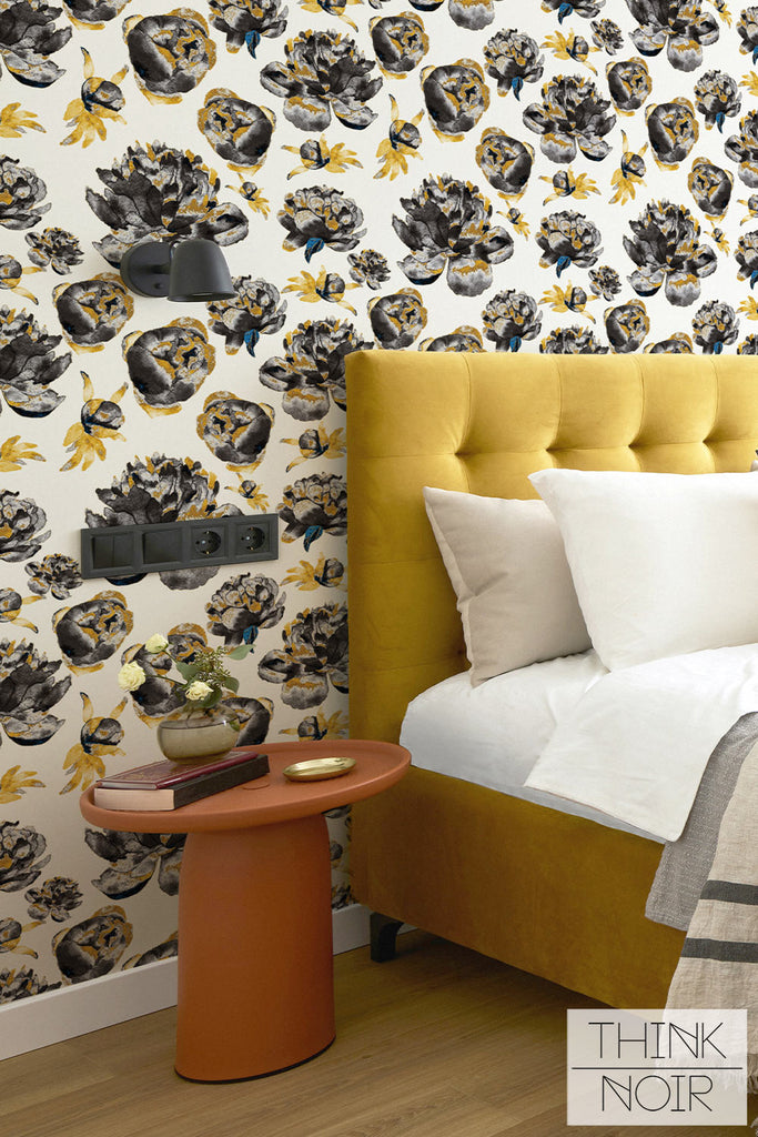 Bedroom interior with gold floral wallpaper