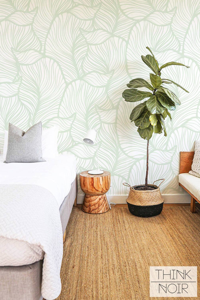 light green wallpaper with floral elements for bohemian bedroom 