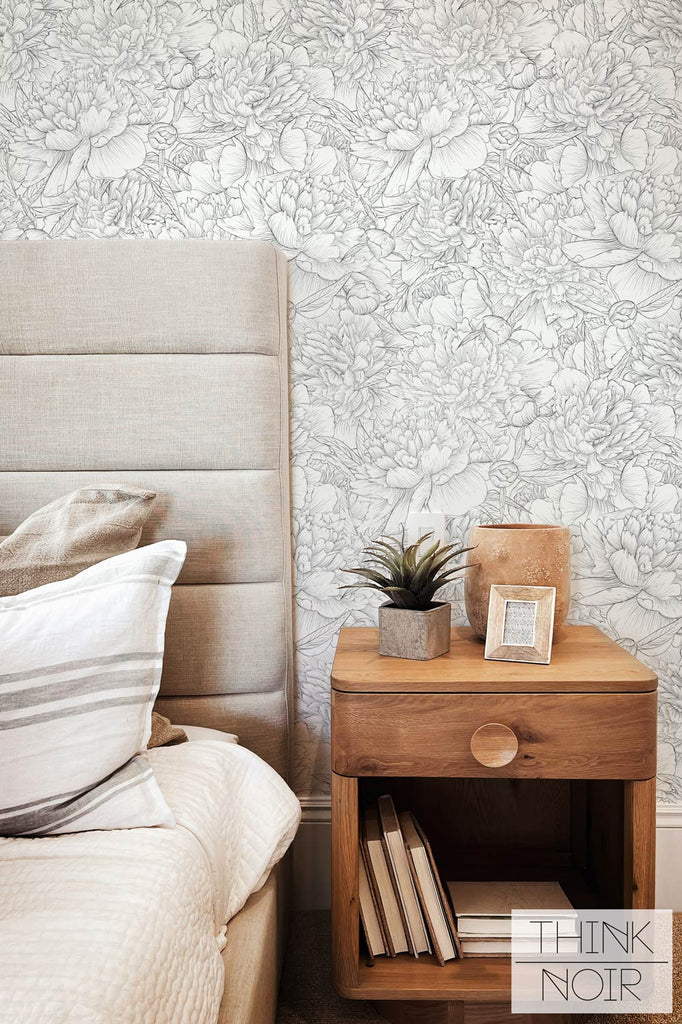 neutral wallpaper with floral print for bedroom design