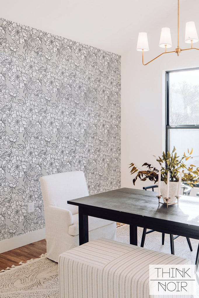 Chic Self adhesive light grey floral wallpaper in a dining room