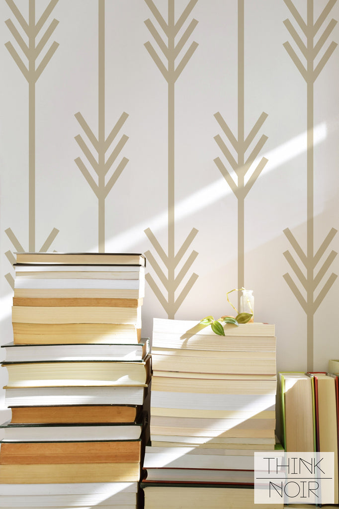neutral arrow inspired wallpaper design with books