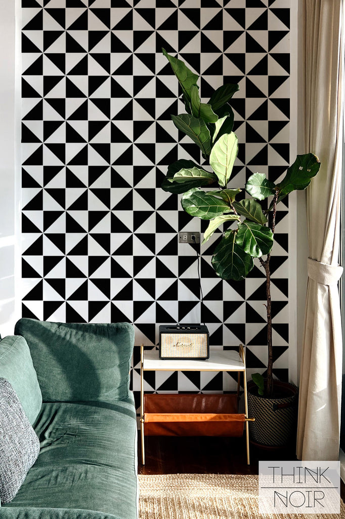 Living room interior with geometric triangles wallpaper