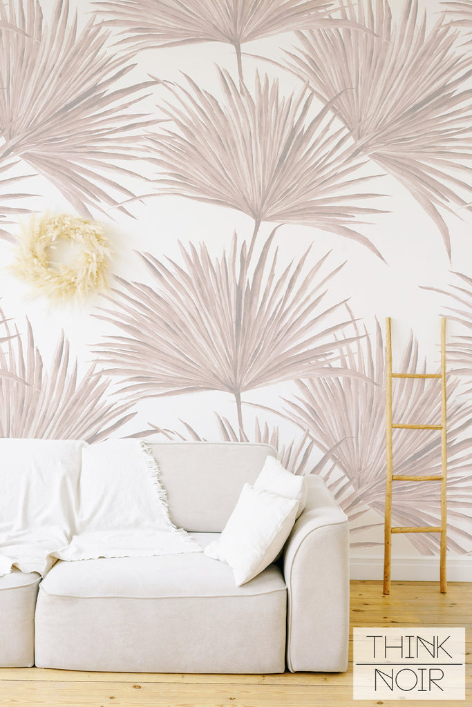 light living room interior with pastel palm leaf wallpaper background