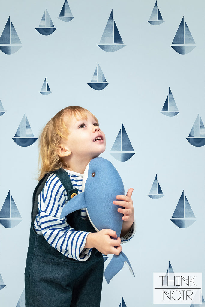coastal style wallpaper with tiny sailboats in blue