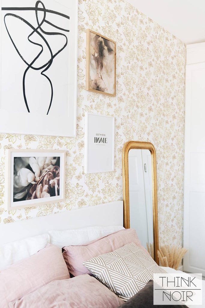 Amber gold floral wallpaper for feminine bedroom interior