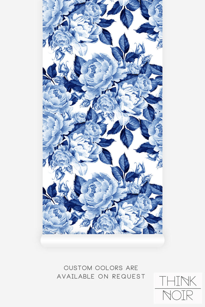 vintage floral print wallpaper in deep blue