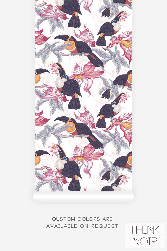 tropical bird print wallpaper design in pink