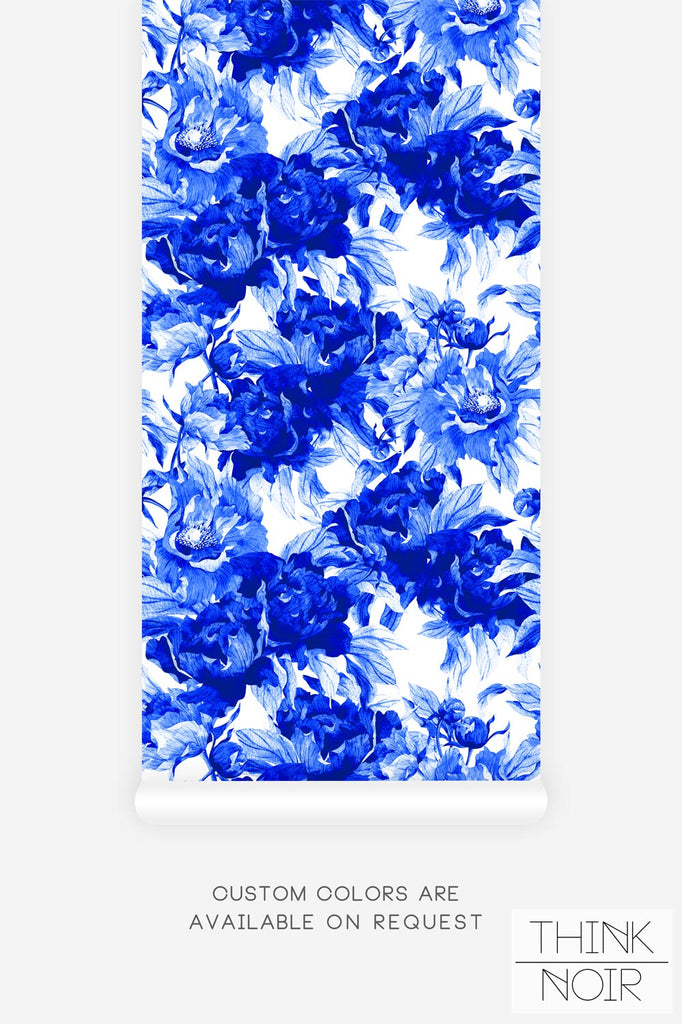 bold blue wallpaper design with peony print