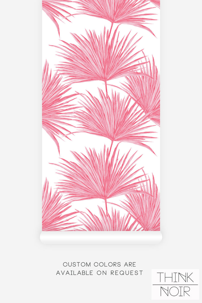 colorful wallpaper with bright pink palm leaves