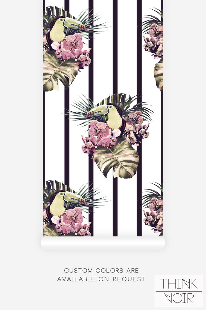 striped wallpaper with bright toucan bird print