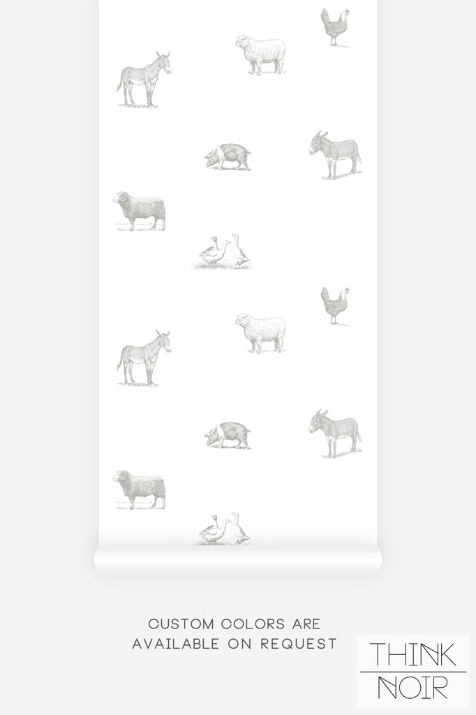 grey wallpaper design with tiny farmhouse animal pattern