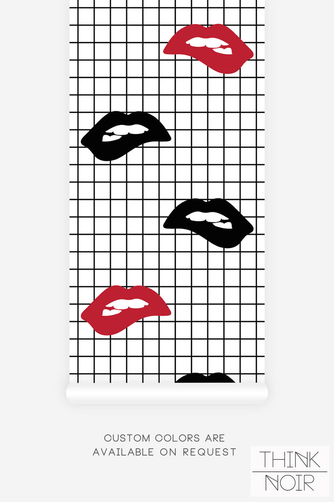 bright red lips print wallpaper with checkered effect