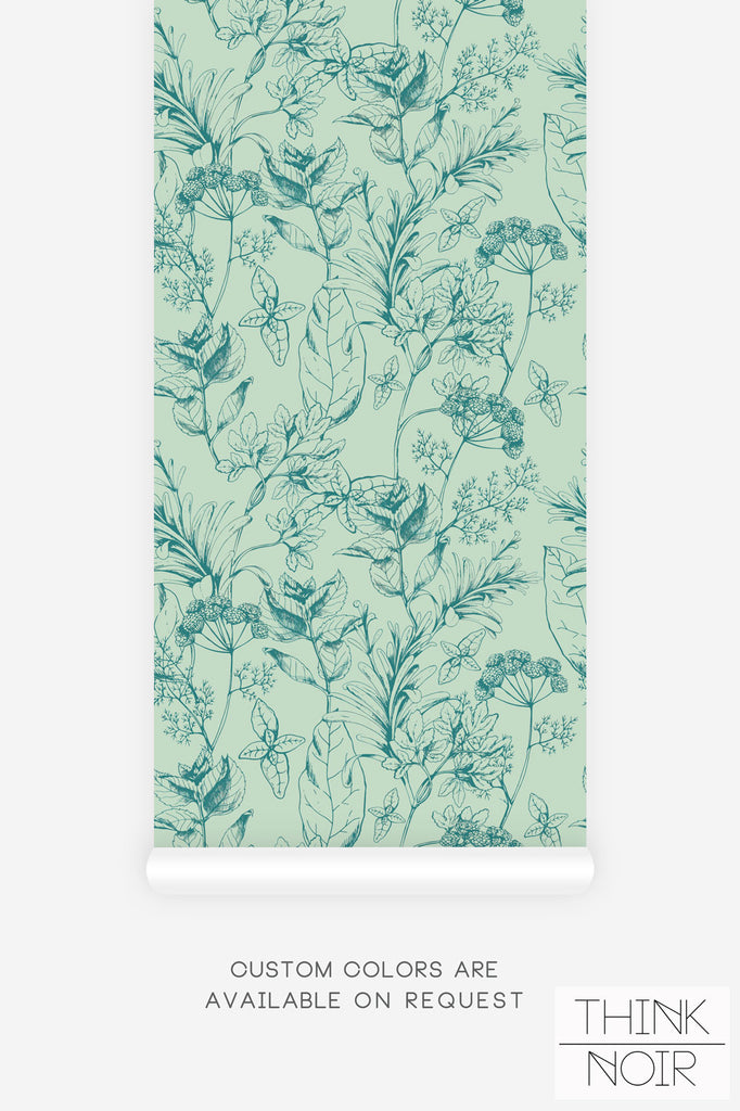 retro wallpaper in green with botanical elements