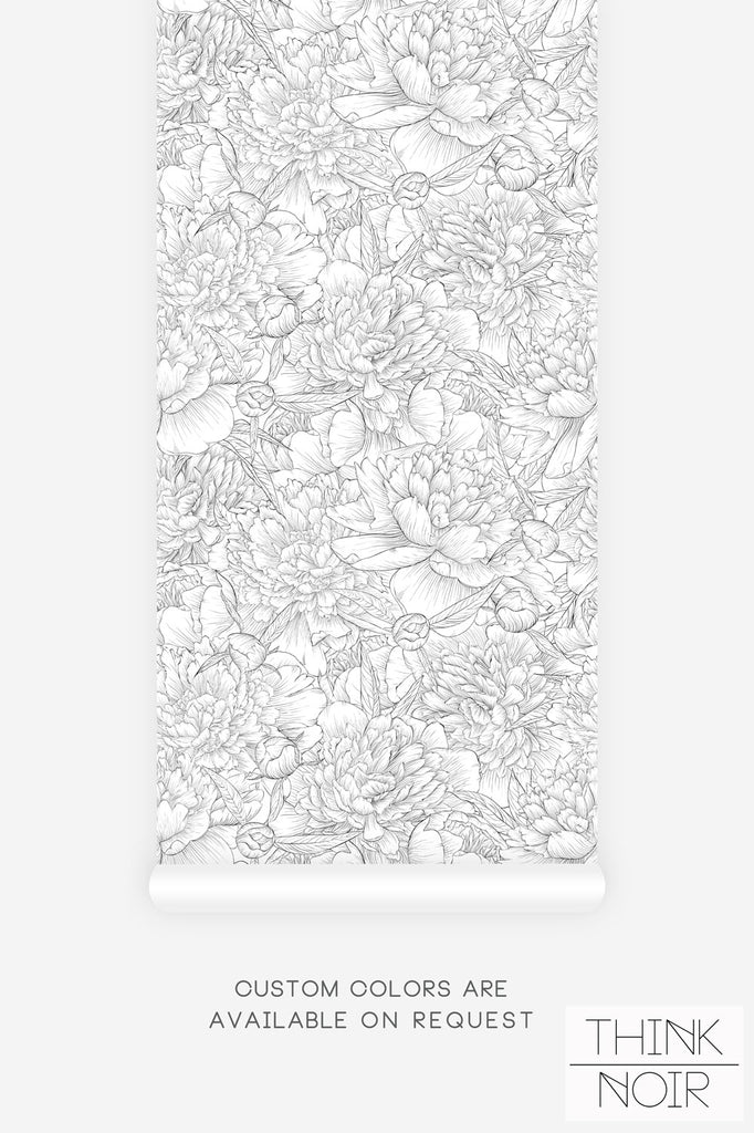 light grey sketched peonies print wallpaper design