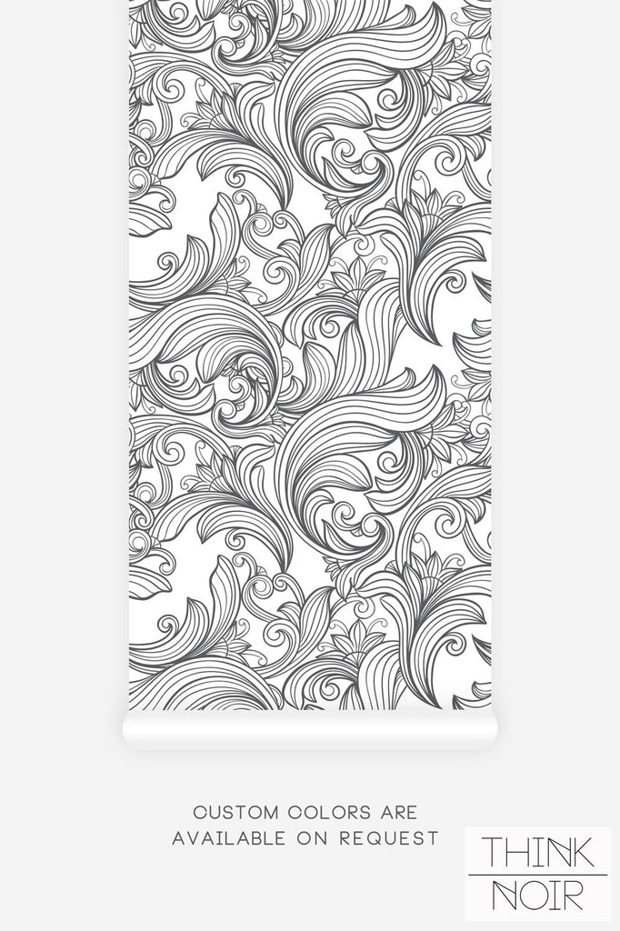 baroque inspired print wallpaper in light grey