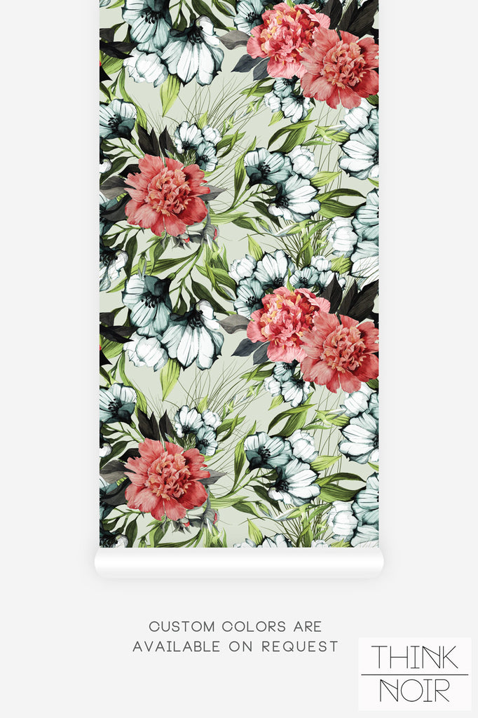 modern floral wallpaper with red peonies