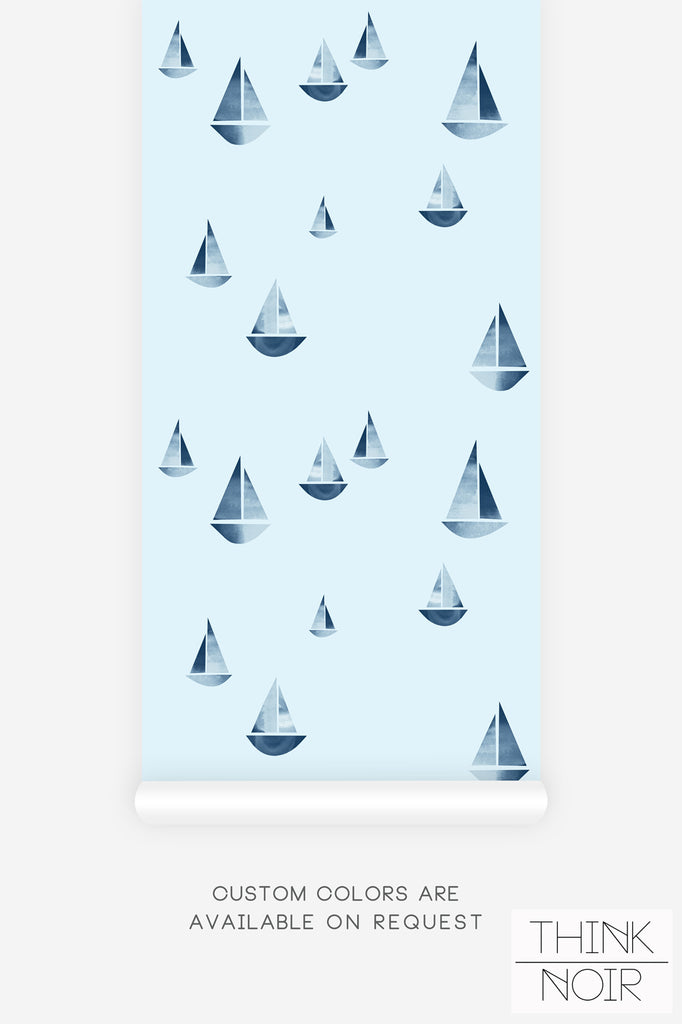  blue coastal style wallpaper with tiny sailing boats