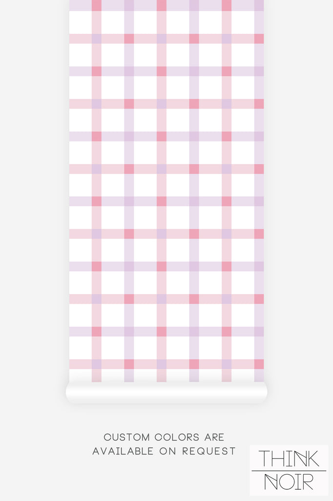 pink and purple girls bedroom wallpaper with plaid line details