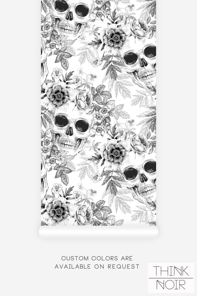 grey skull print wallpaper with flowers