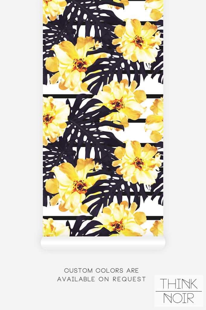bright yellow tropical flower print wallpaper