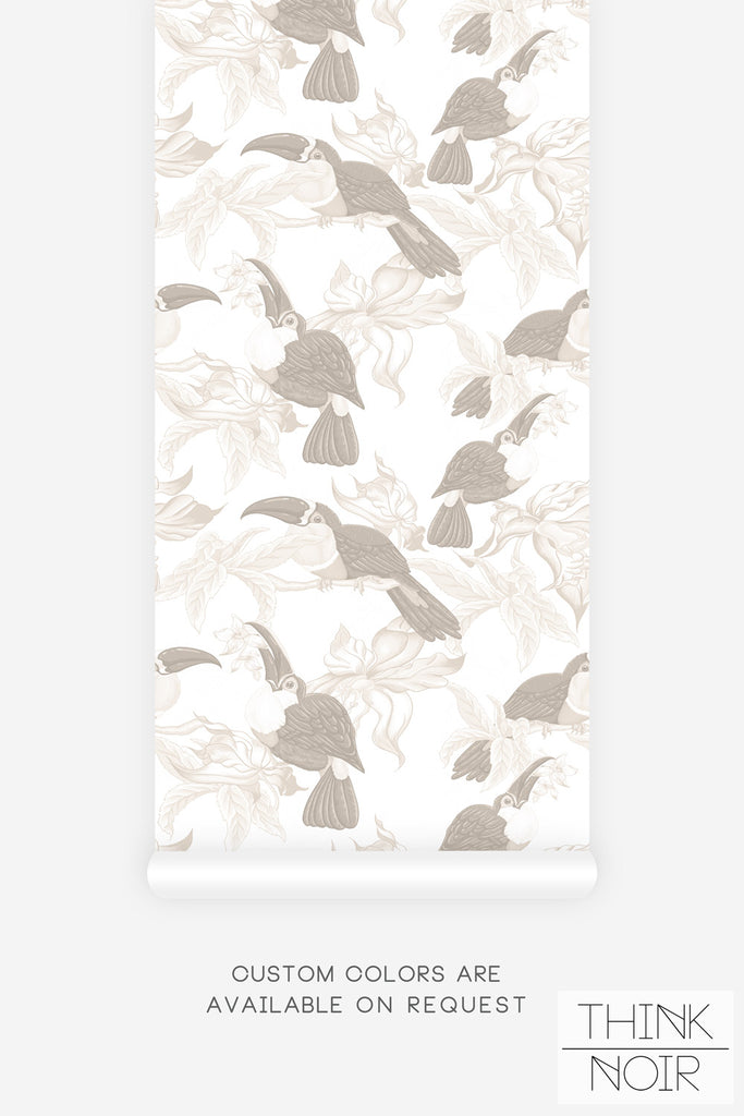 jungle inspired wallpaper in neutral colors with birds print