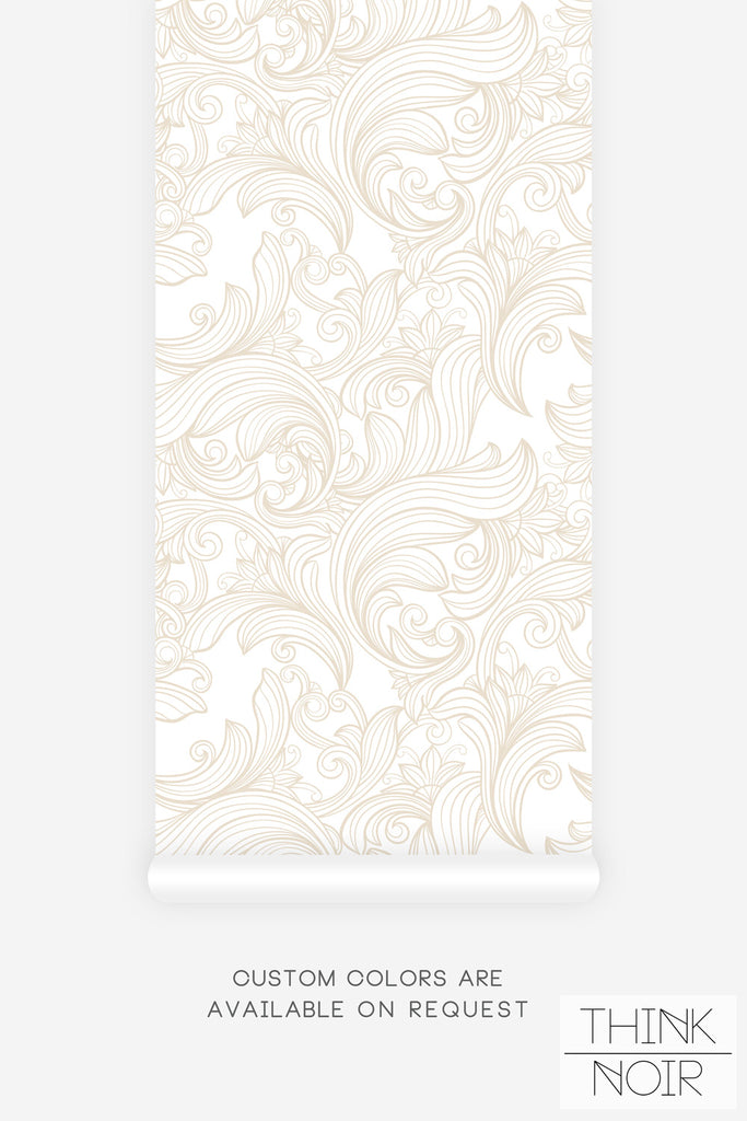 elegant wallpaper design in light beige with baroque inspired print