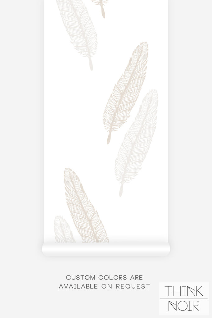 light beige neutral feather print wallpaper for kids nursery