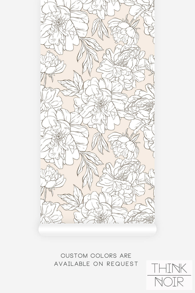 beige wallpaper with white graphic peonies