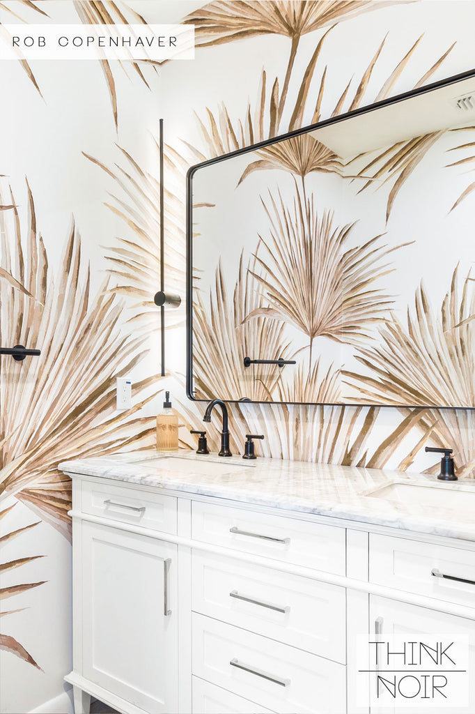 bohemian style bathroom interior with palm leaves wallpaper