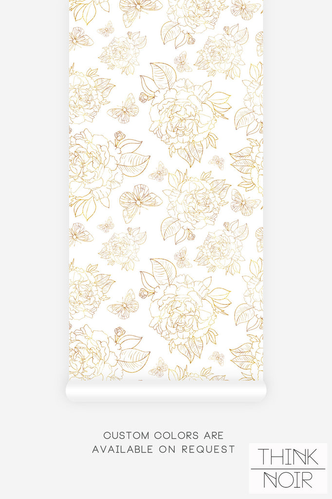 golden floral print wallpaper with peonies