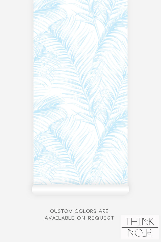 light blue tropical print wallpaper with palm leaf motif
