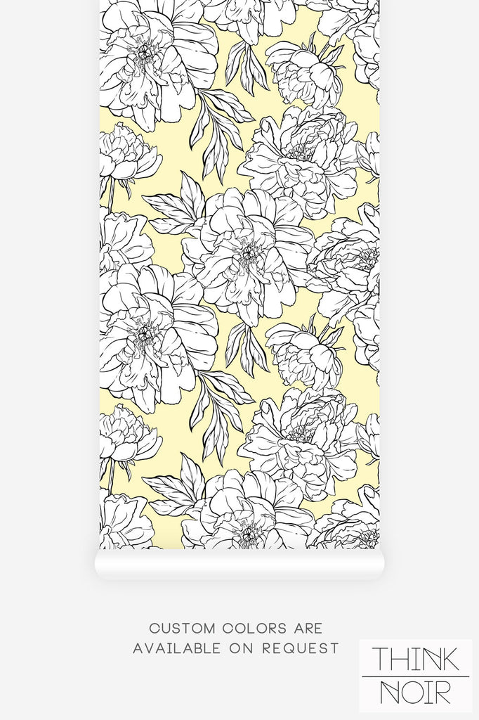 yellow background with white peony print removable wallpaper