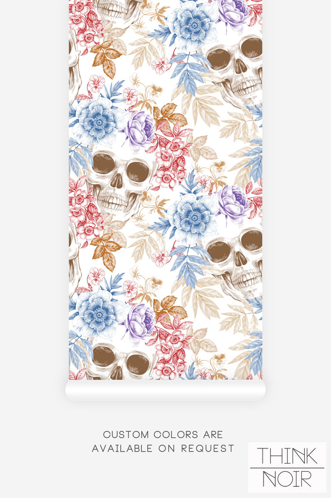 colorful wallpaper design with floral skull detailing