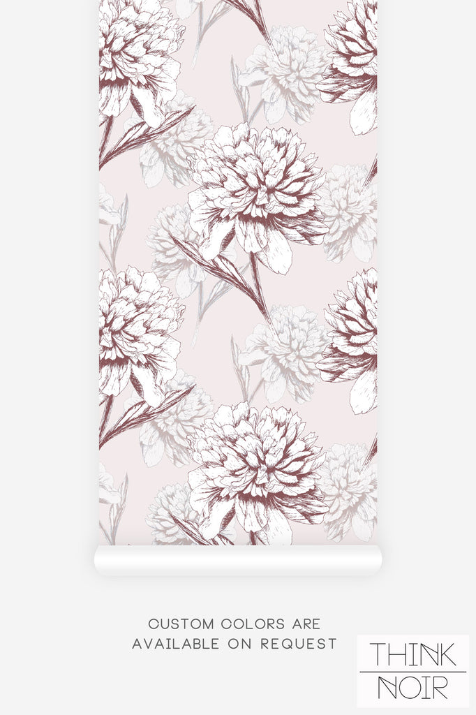 floral print wallpaper in soft pink with peonies