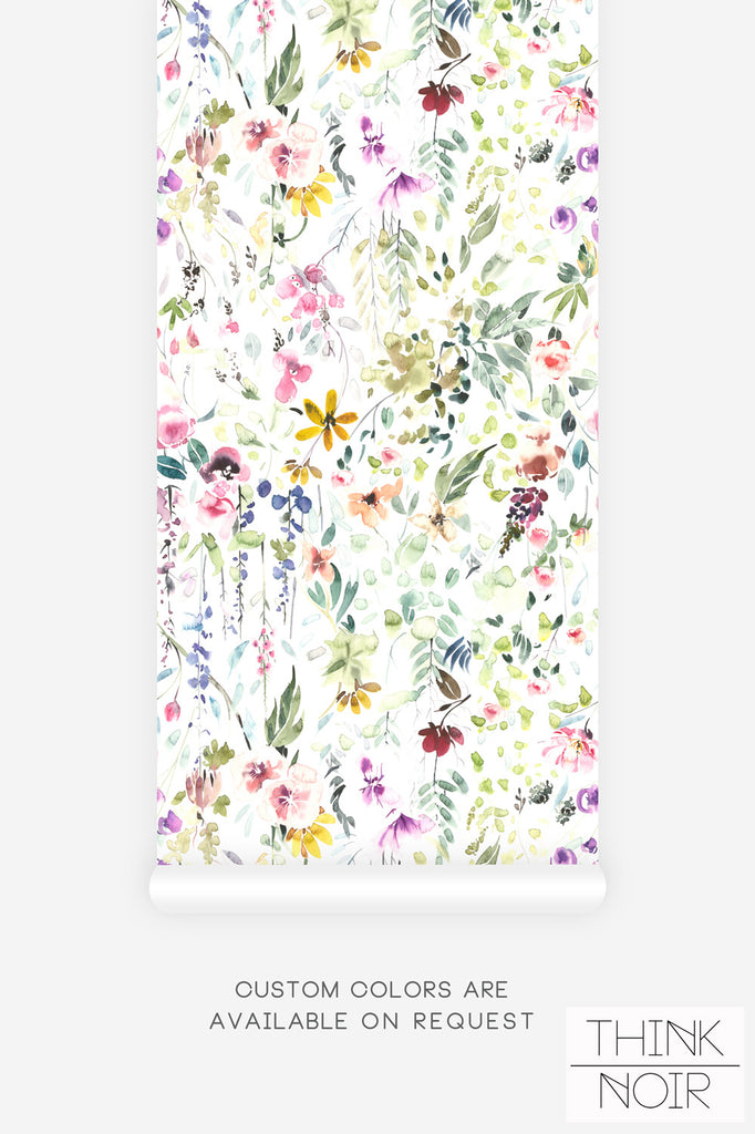 colorful meadow inspired wallpaper for bedroom interior