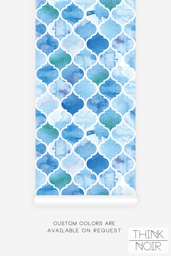 moroccan tile inspired wallpaper design in watercolor blue