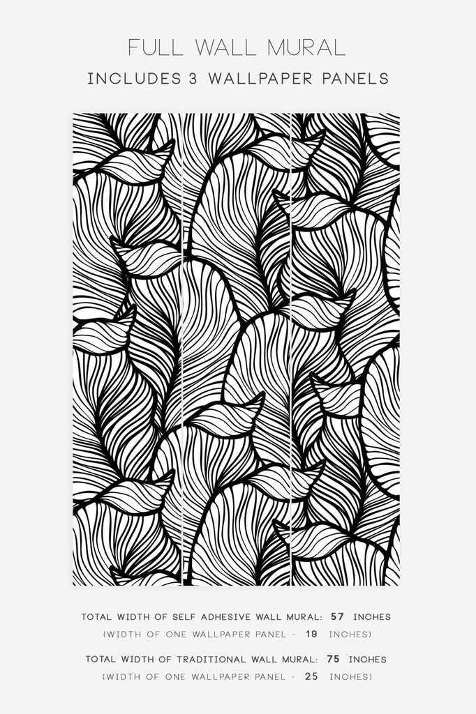 black and white elegant wall mural with leaves print