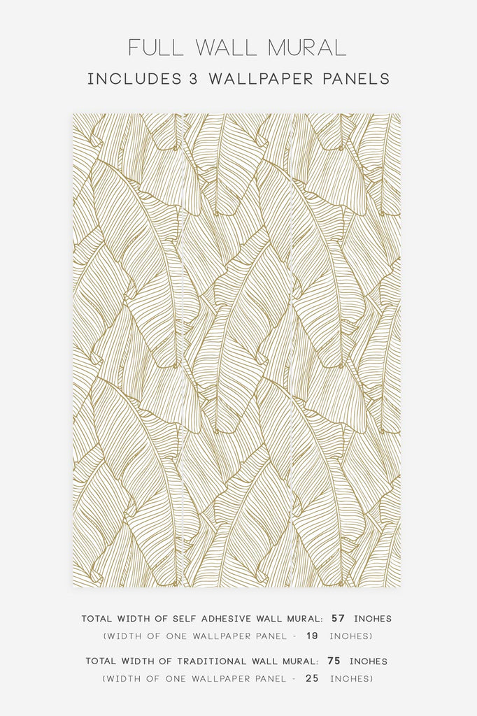 golden wallpaper with tropical banana leaves print