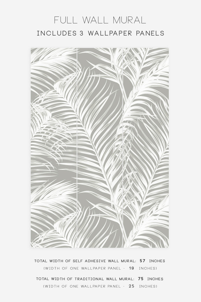 grey large scale wall mural with tropical palm leaves