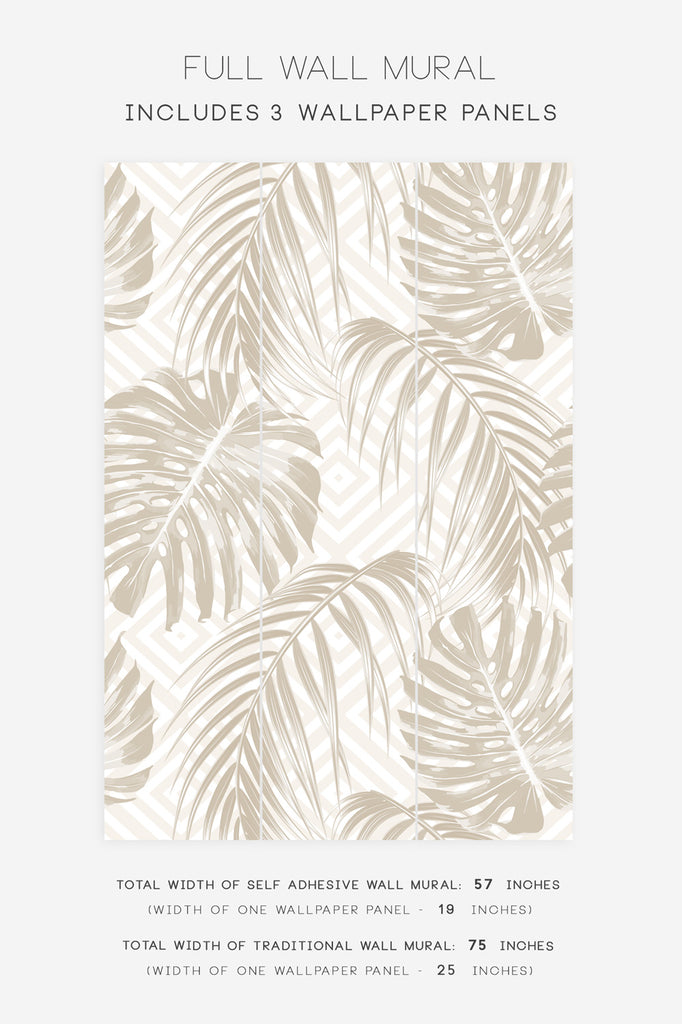 neutral wall mural with tropical palm leaves and geometric background