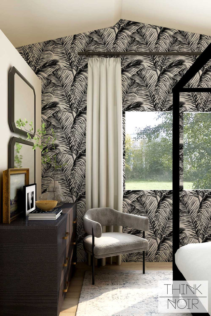 luxury palm leaf wallpaper in elegant bedroom