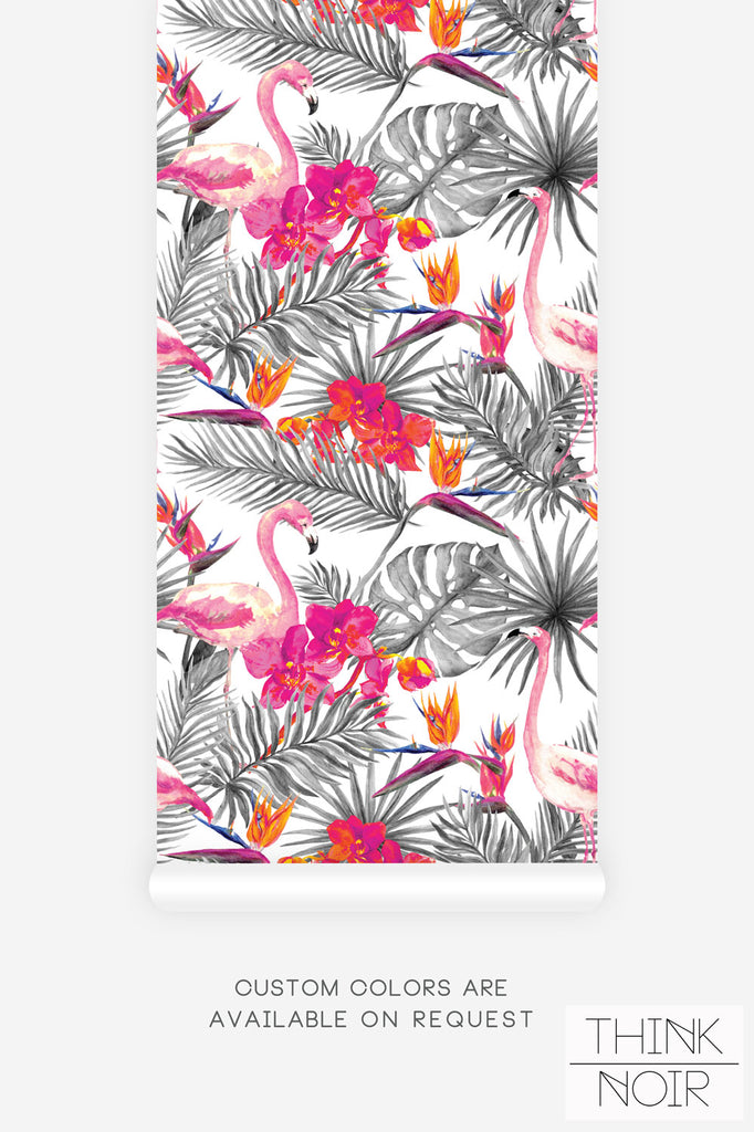 bright pink flamingo print wallpaper with grey palm leaves
