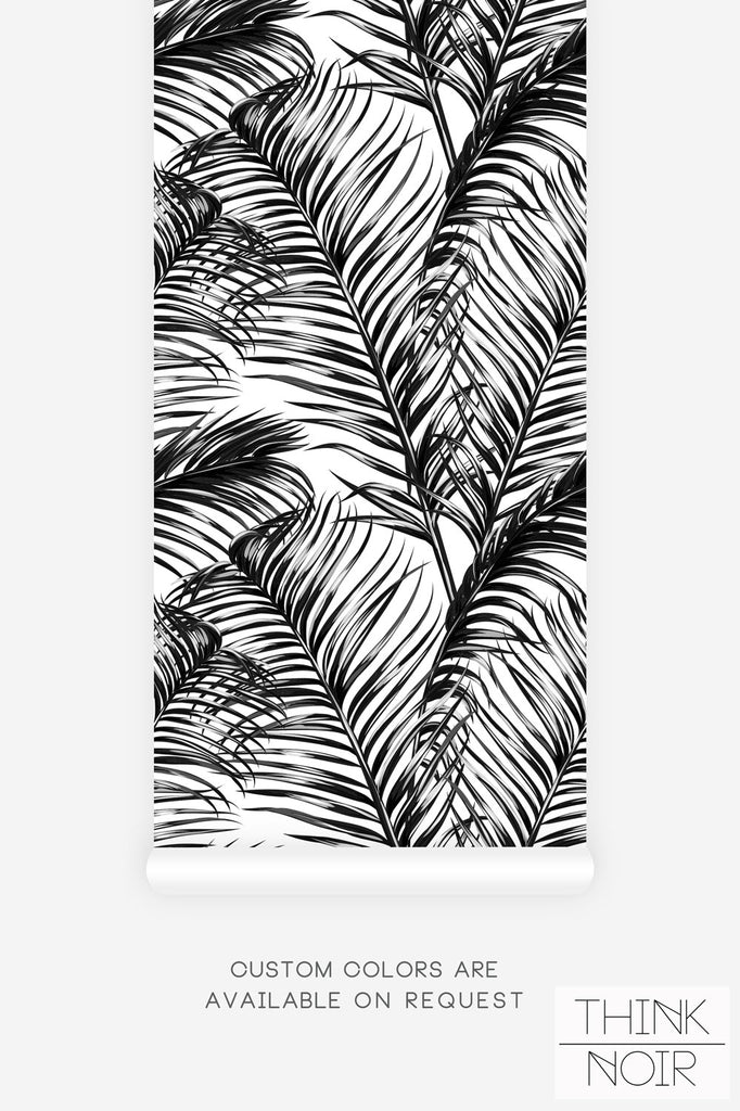 tropical palm leaves wallpaper print in black and white